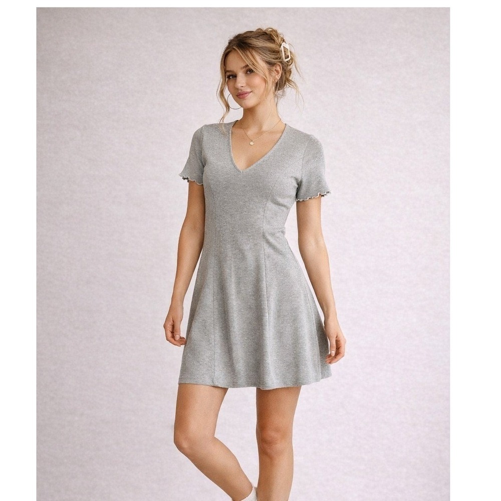 ASOS Gray Ribbed Knit Fit & Flare Mini Dress Lettuce Trim NWT Size 10